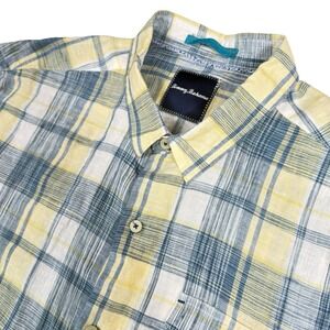 Tommy Bahama XL Linen Plaid Short Sleeve Button Up Shirt Casual Mens Blue Yellow